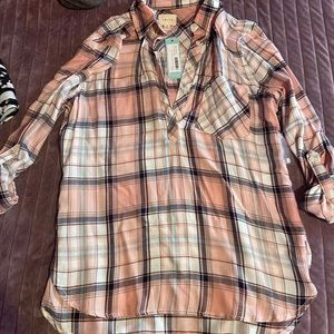 Pink plaid shirt with rollup sleeves